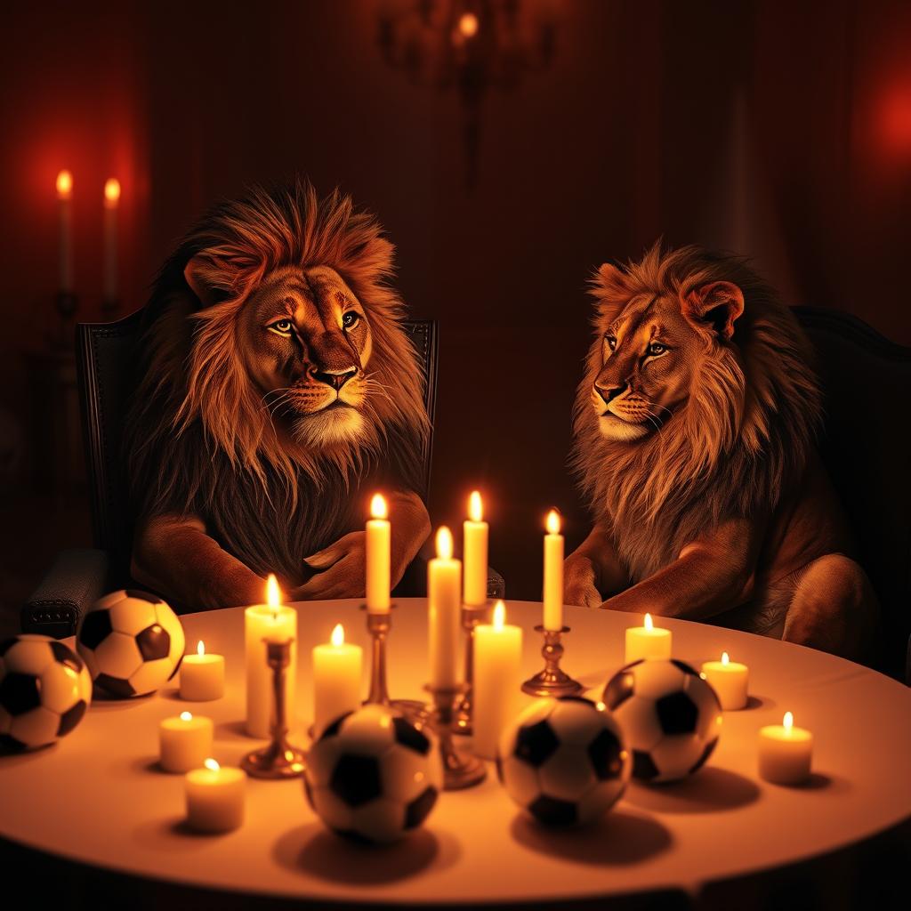A romantic dinner setting in a dimly lit atmosphere, featuring a beautifully set table adorned with flickering candles casting soft shadows