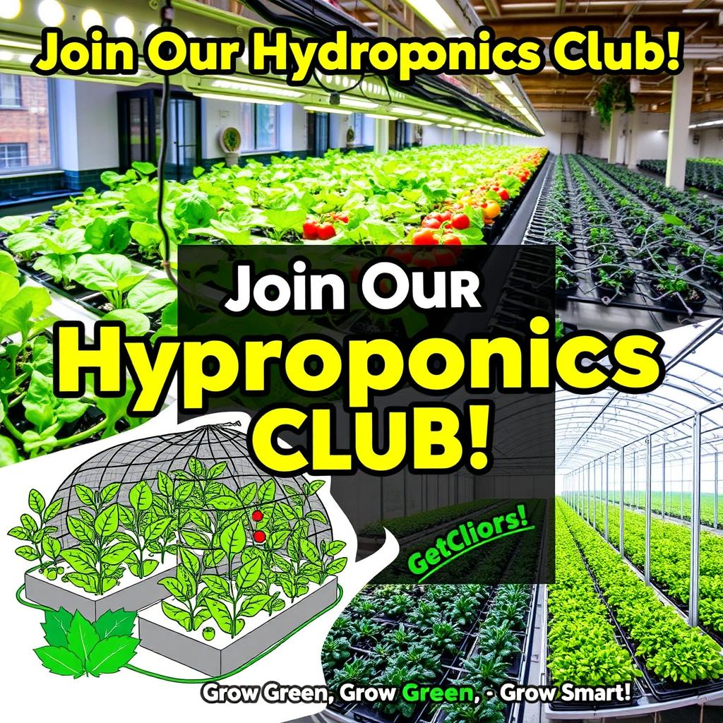 A vibrant and engaging advertising poster for a club focused on hydroponics farming, nethouse, and greenhouse gardening