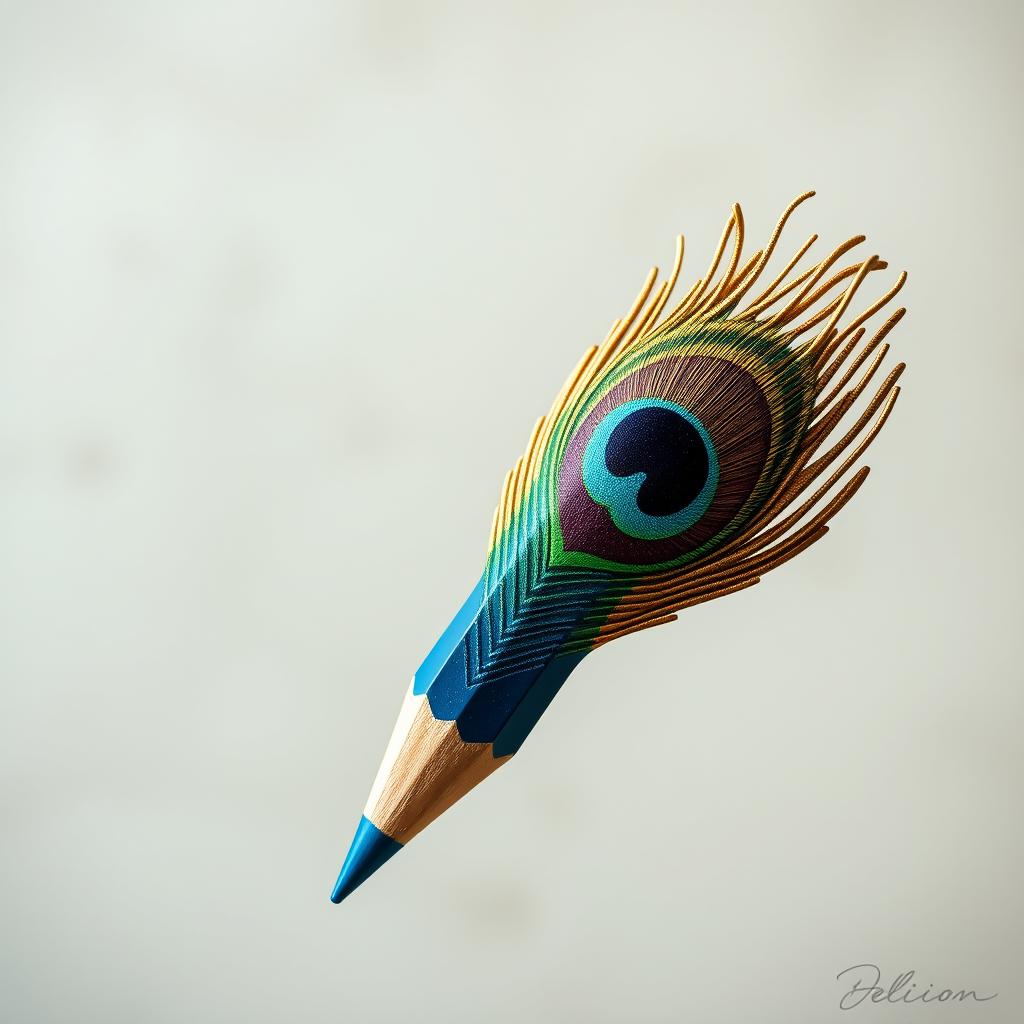 An imaginative design of a pencil shaped like a peacock feather, featuring the vibrant colors of blue, green, and gold typical of peacock plumes, with intricate details and the characteristic eye pattern of the feather extending along the length of the pencil