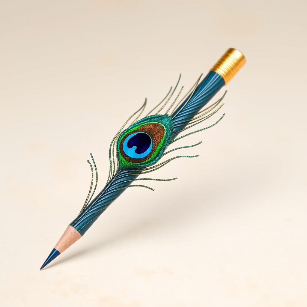 A whimsical pencil designed to resemble a peacock feather, incorporating rich hues of blue, green, and gold