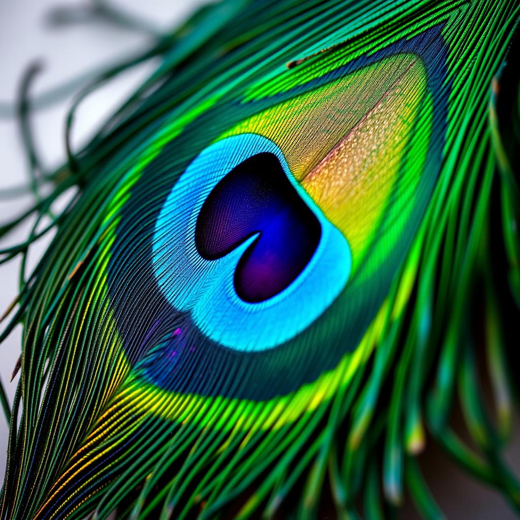 A stunning close-up of a peacock feather, showcasing its vibrant colors of deep blues, greens, and shimmering golds