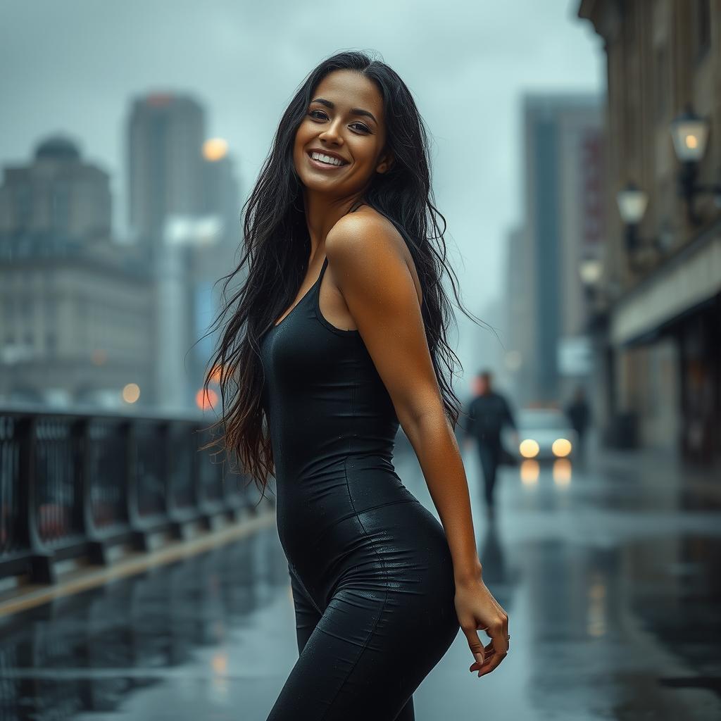 A beautiful woman walking gracefully in the rain, her long hair glistening with droplets