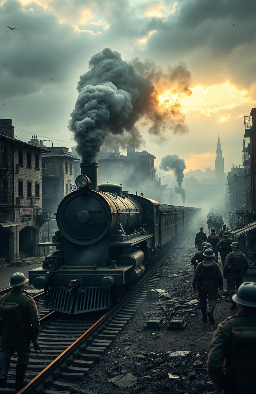 A thrilling sci-fi scene set during a dramatic World War II environment, showcasing an old, steam-powered train chugging through a war-torn city that is mysteriously fading away along with the people in it