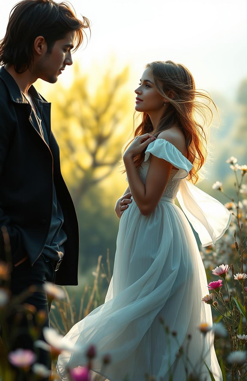 A romantic scene depicting a young Christian girl in a beautiful, serene landscape, wearing a flowing white dress, her hair gently blowing in the wind