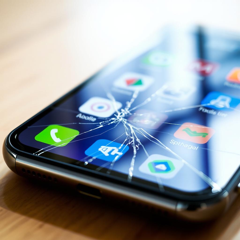 A close-up view of a modern smartphone with a cracked screen, showcasing the intricate details of the screen damage