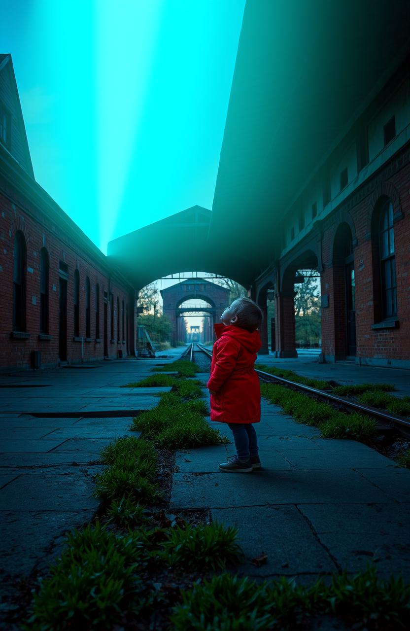 An old, abandoned train station featuring vintage architecture, cracked brick walls, and overgrown weeds in the cracks of the pavement