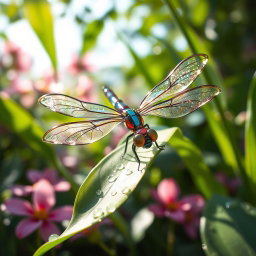 A beautiful glass dragonfly, delicately crafted with intricate, transparent wings that shimmer like stained glass