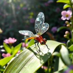 A beautiful glass dragonfly, delicately crafted with intricate, transparent wings that shimmer like stained glass