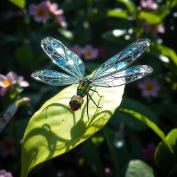A beautiful glass dragonfly, delicately crafted with intricate, transparent wings that shimmer like stained glass