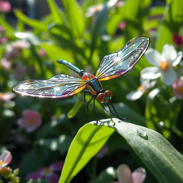A beautiful glass dragonfly, delicately crafted with intricate, transparent wings that shimmer like stained glass
