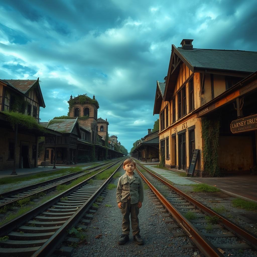 An abandoned city train station from the 1940s, featuring old, rusting train tracks and dilapidated buildings draped in vines and overgrowth