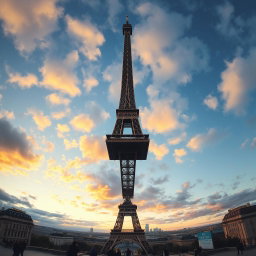 The Eiffel Tower depicted upside down, creating a playful and surreal perspective