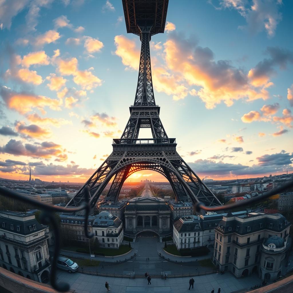 The Eiffel Tower depicted upside down, creating a playful and surreal perspective