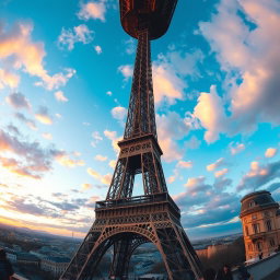 The Eiffel Tower depicted upside down, creating a playful and surreal perspective