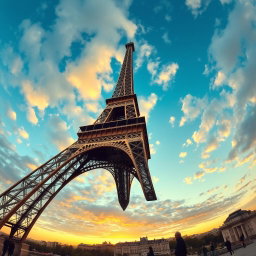 The Eiffel Tower depicted upside down, creating a playful and surreal perspective