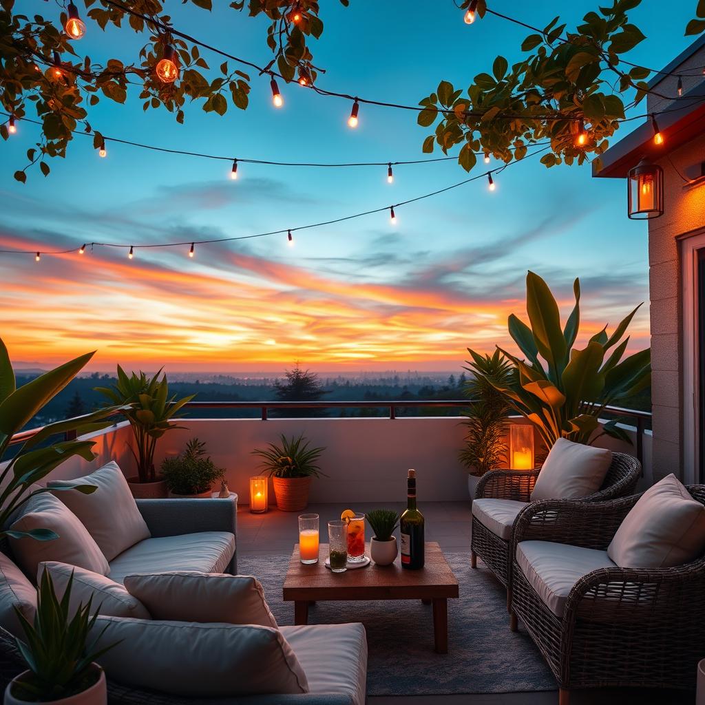 A serene and inviting chill-out terrace designed for relaxation, featuring comfortable seating options like large plush cushions and rattan furniture