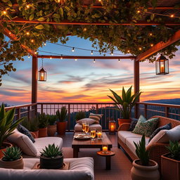 A serene and inviting chill-out terrace designed for relaxation, featuring comfortable seating options like large plush cushions and rattan furniture