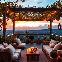 A serene and inviting chill-out terrace designed for relaxation, featuring comfortable seating options like large plush cushions and rattan furniture