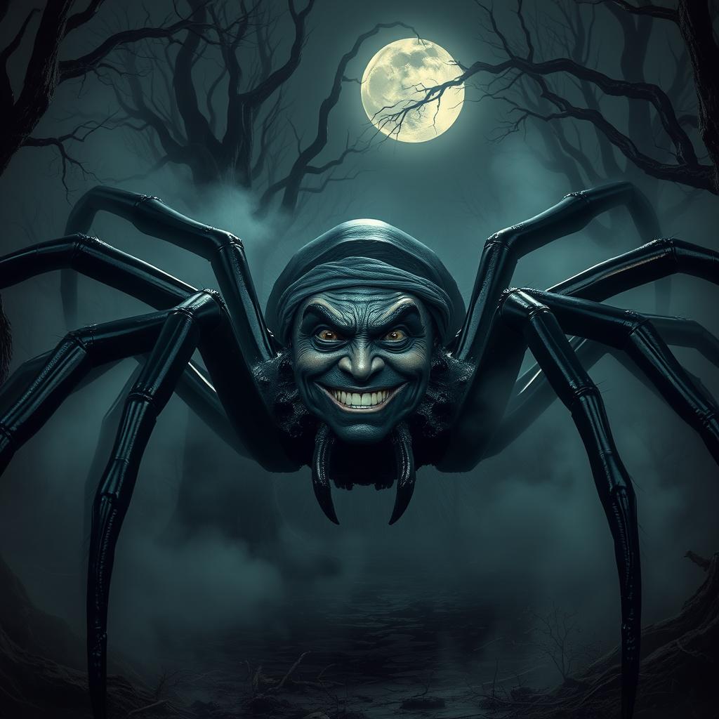 A gigantic black spider with a human face, showcasing a blend of arachnid and human features