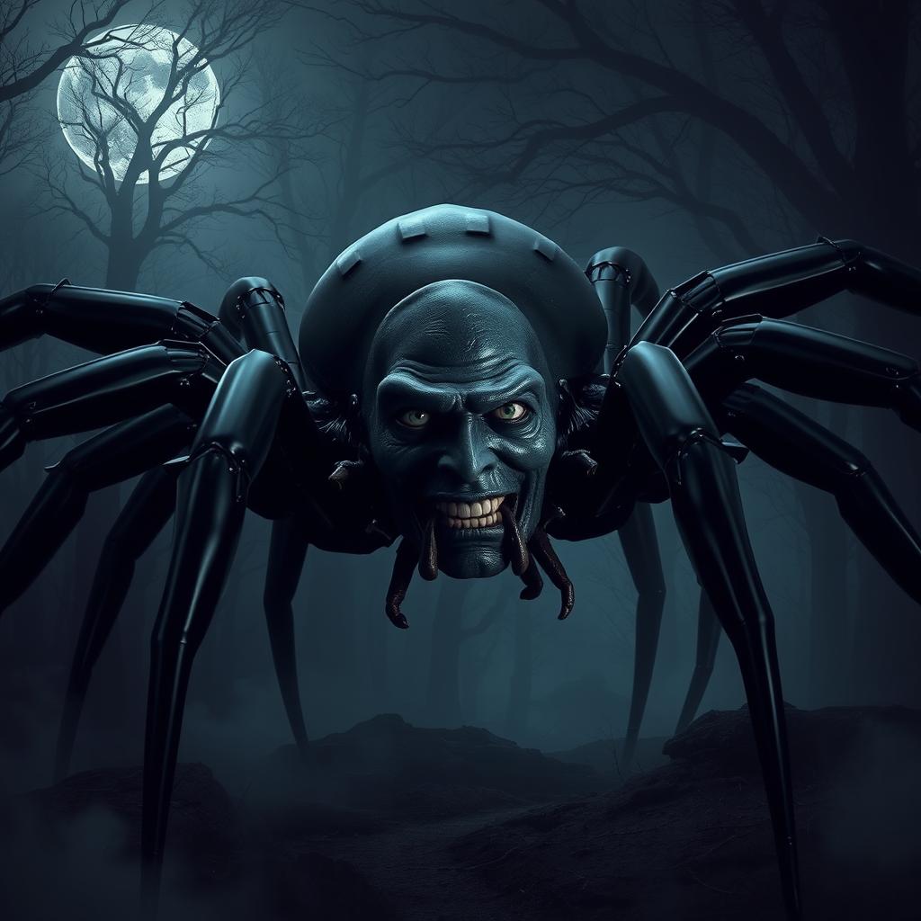 A gigantic black spider with a human face, displaying a striking combination of arachnid and human characteristics