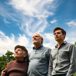 An 80-year-old man, a 50-year-old man, and a 30-year-old man standing together, gazing thoughtfully at the sky