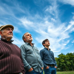 An 80-year-old man, a 50-year-old man, and a 30-year-old man standing together, gazing thoughtfully at the sky