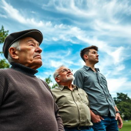An 80-year-old man, a 50-year-old man, and a 30-year-old man standing together, gazing thoughtfully at the sky