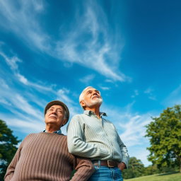 An 80-year-old man, a 50-year-old man, and a 30-year-old man standing together, gazing thoughtfully at the sky