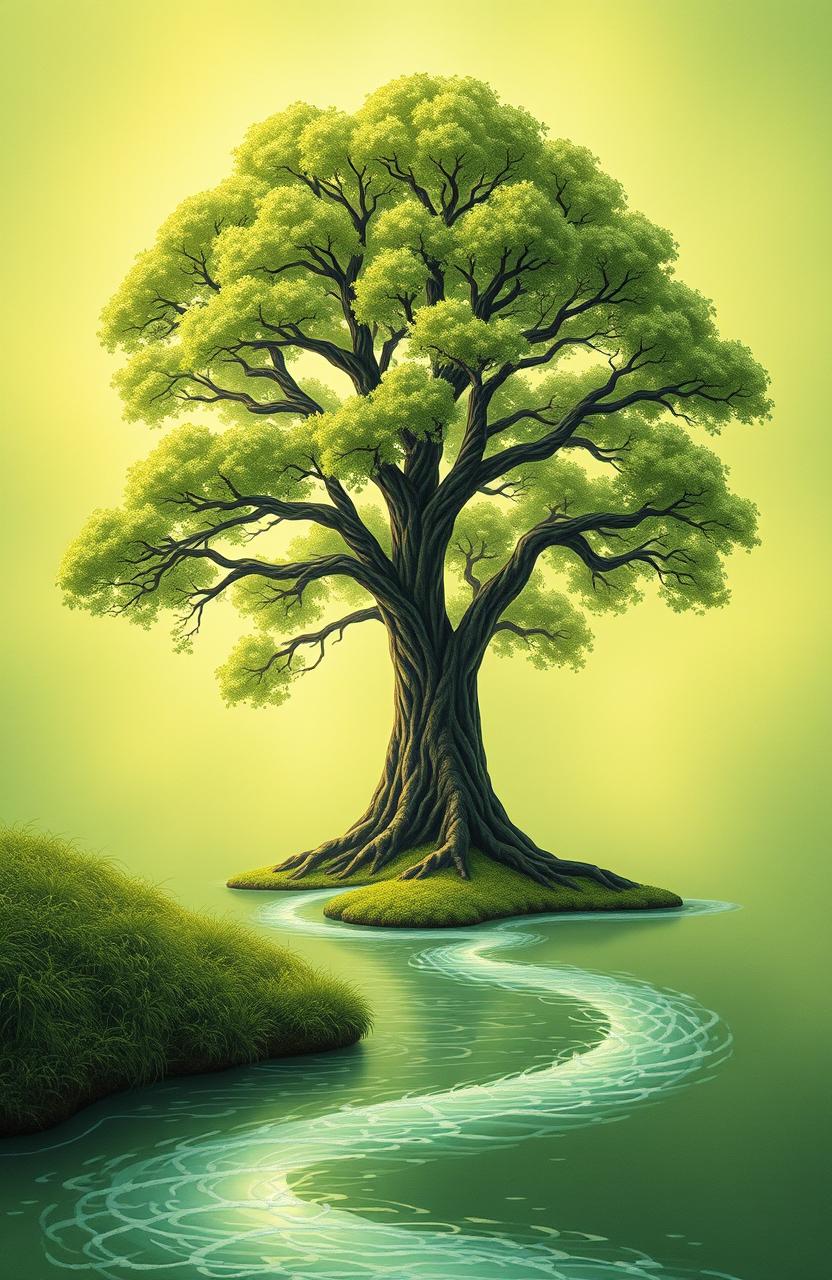 A serene book cover featuring a towering tree with lush green leaves and a winding river gently flowing beneath it