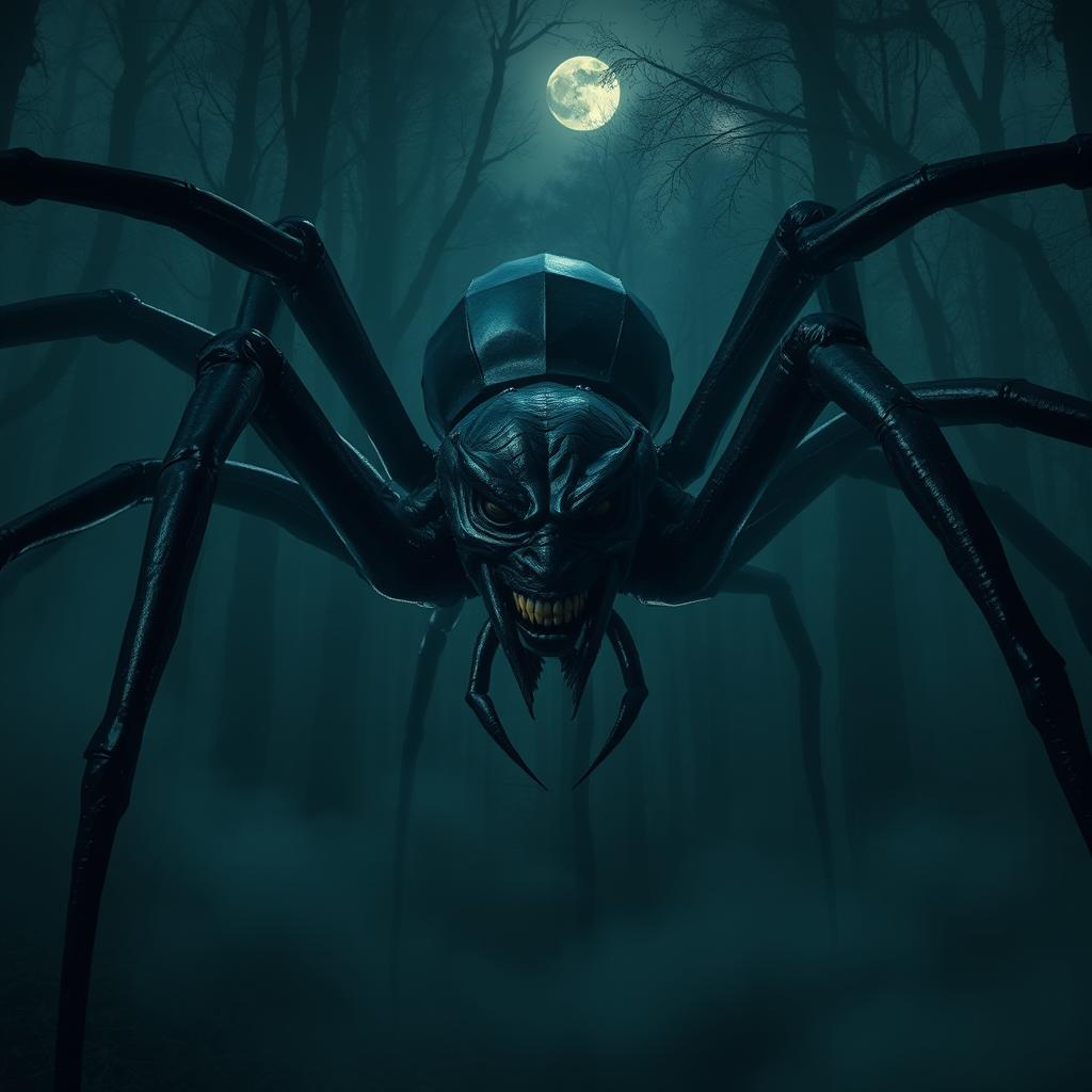 A colossal black spider with a human face, merging the characteristics of an arachnid and a person seamlessly