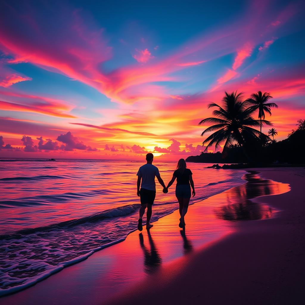 A beautifully edited image designed for Instagram featuring a vibrant sunset over a picturesque beach
