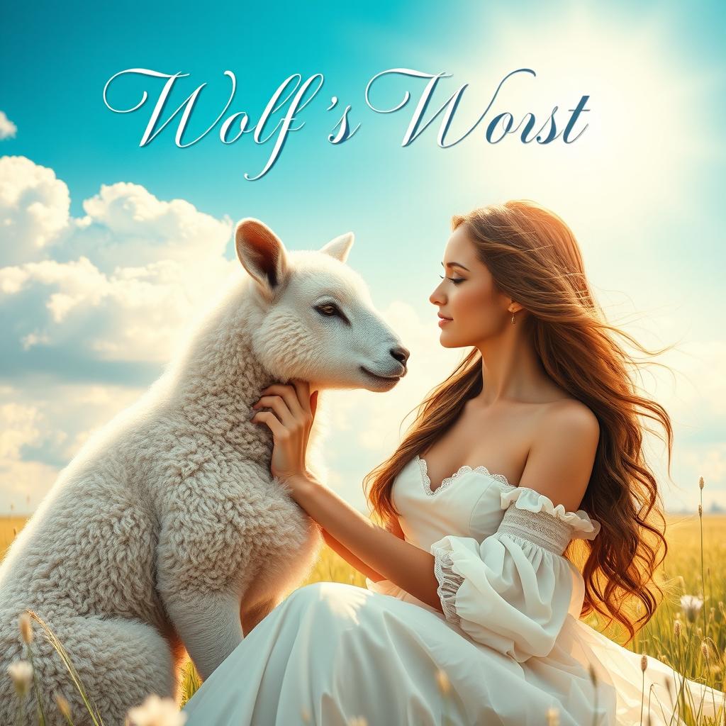 A captivating book cover featuring a romantic scene between a young Christian woman and a lamb disguised in wolf's clothing