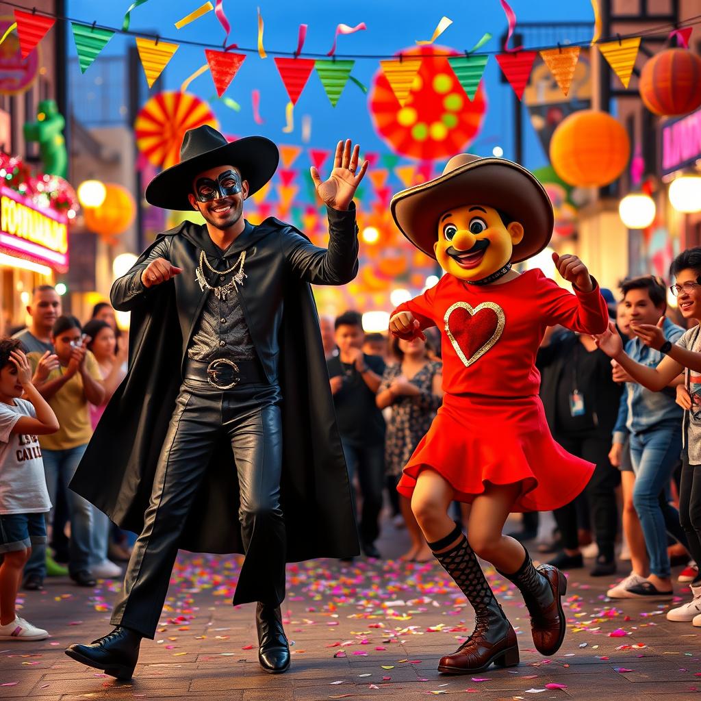 Zorro and Chapolin Colorado dancing funk at a lively street festival, surrounded by colorful decorations and excited crowds