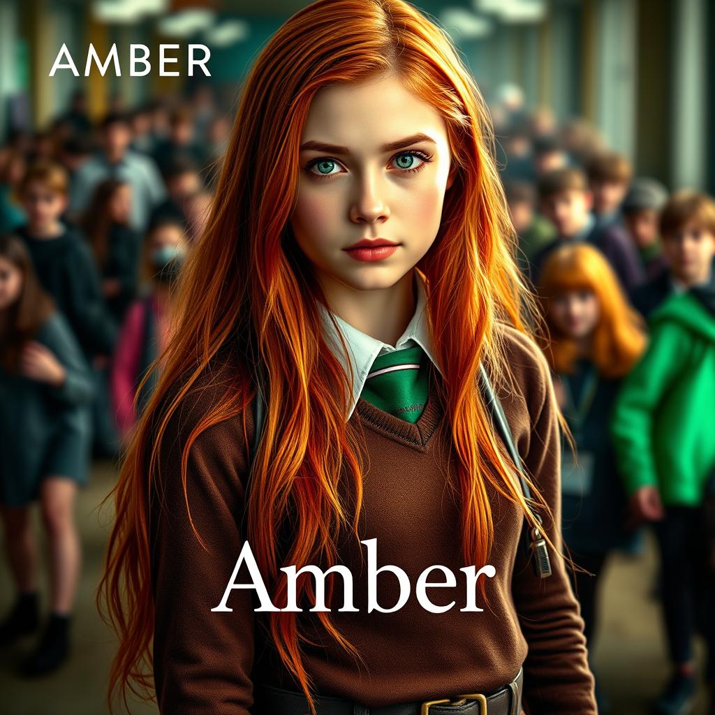 A cinematic movie poster featuring a teenage girl named Amber with very long red hair and light green eyes