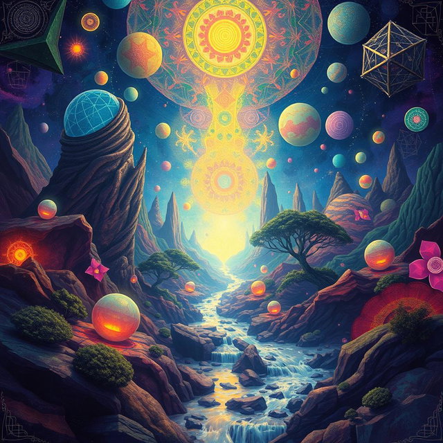 A surreal, vivid artwork inspired by DMT experiences, showcasing a vibrant, abstract landscape filled with intricate patterns, glowing colors, and ethereal forms