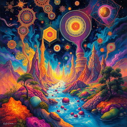 A surreal, vivid artwork inspired by DMT experiences, showcasing a vibrant, abstract landscape filled with intricate patterns, glowing colors, and ethereal forms