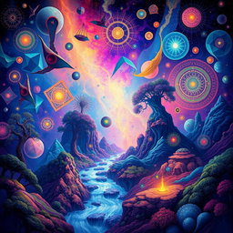 A surreal, vivid artwork inspired by DMT experiences, showcasing a vibrant, abstract landscape filled with intricate patterns, glowing colors, and ethereal forms