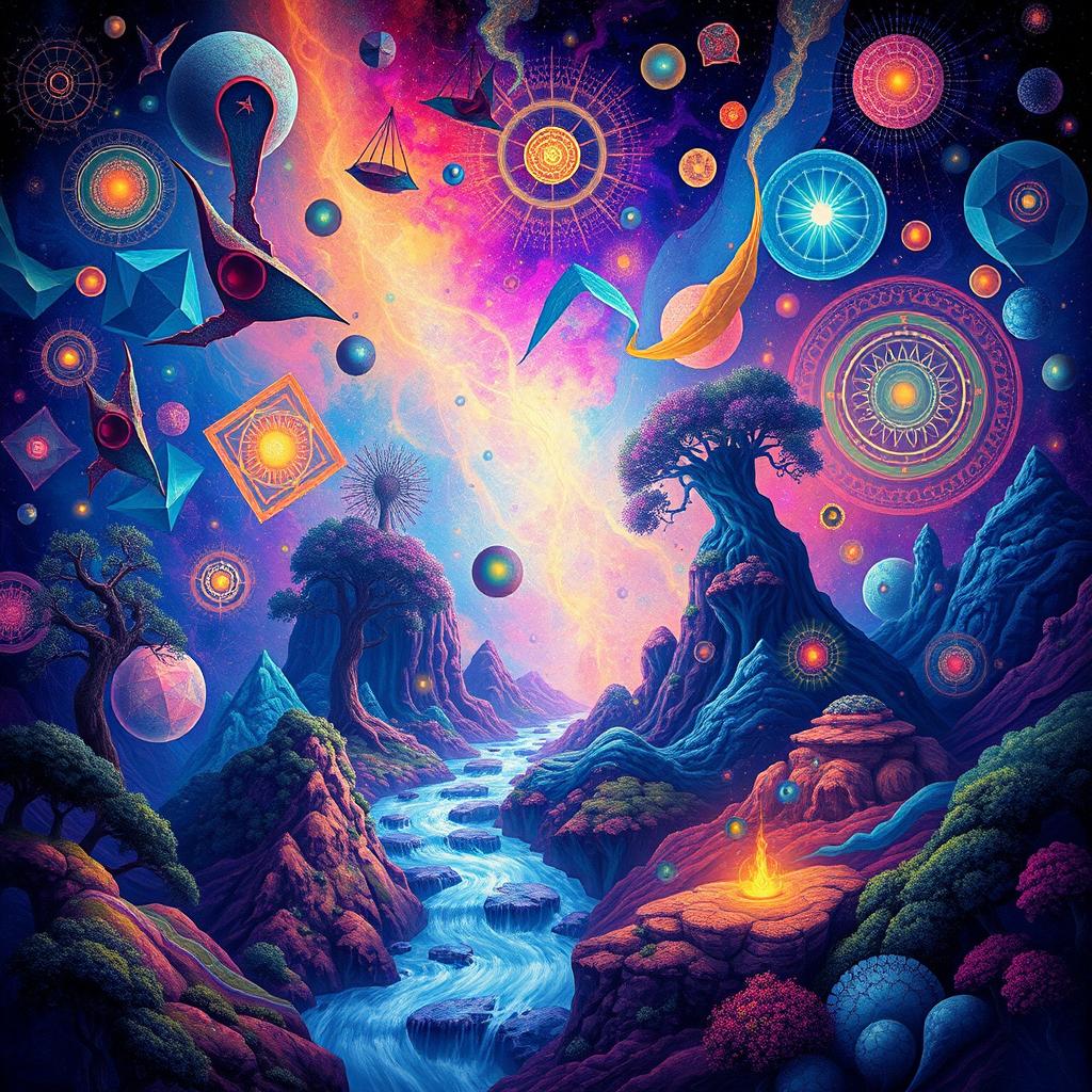 A surreal, vivid artwork inspired by DMT experiences, showcasing a vibrant, abstract landscape filled with intricate patterns, glowing colors, and ethereal forms