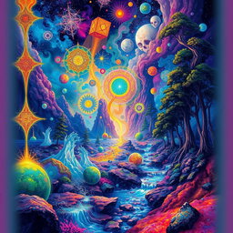 A surreal, vivid artwork inspired by DMT experiences, showcasing a vibrant, abstract landscape filled with intricate patterns, glowing colors, and ethereal forms