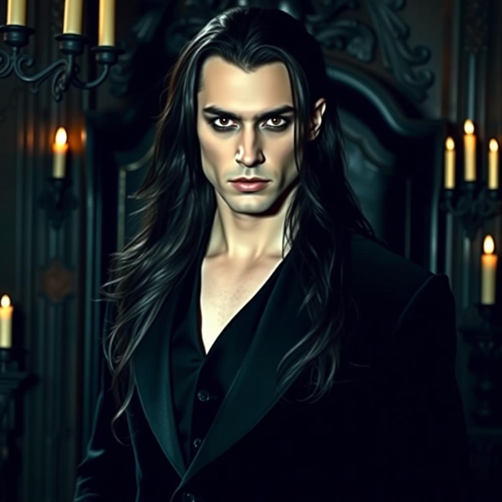 A striking vampire dressed in black, with flowing long hair that cascades down his shoulders
