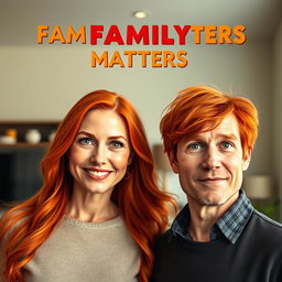 A movie poster showcasing a father and mother with vibrant red hair