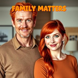 A movie poster showcasing a father and mother with vibrant red hair