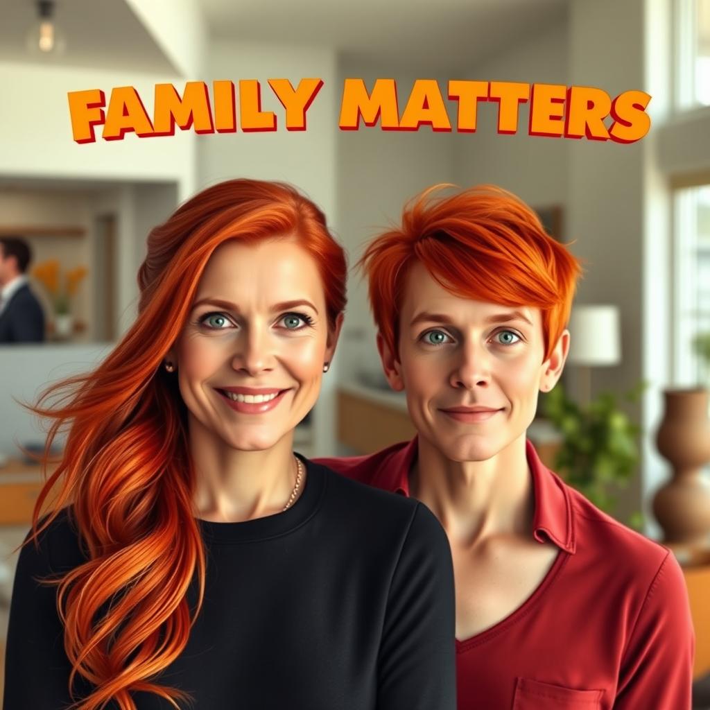 A movie poster showcasing a father and mother with vibrant red hair