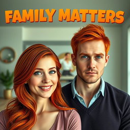 A movie poster showcasing a father and mother with vibrant red hair