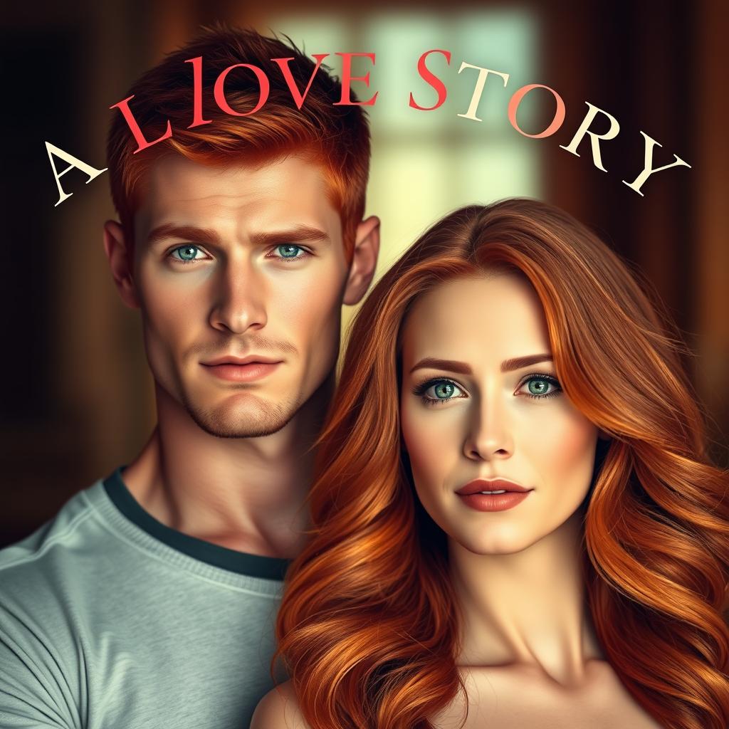 A captivating movie poster featuring a striking couple: a handsome father with short red hair and a muscular build, alongside a beautiful mother with long, flowing red hair