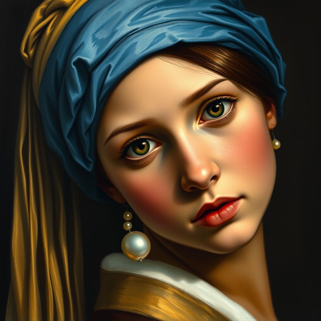 A portrait of a young girl with an enigmatic expression, inspired by Vermeer’s "The Girl with a Pearl Earring"