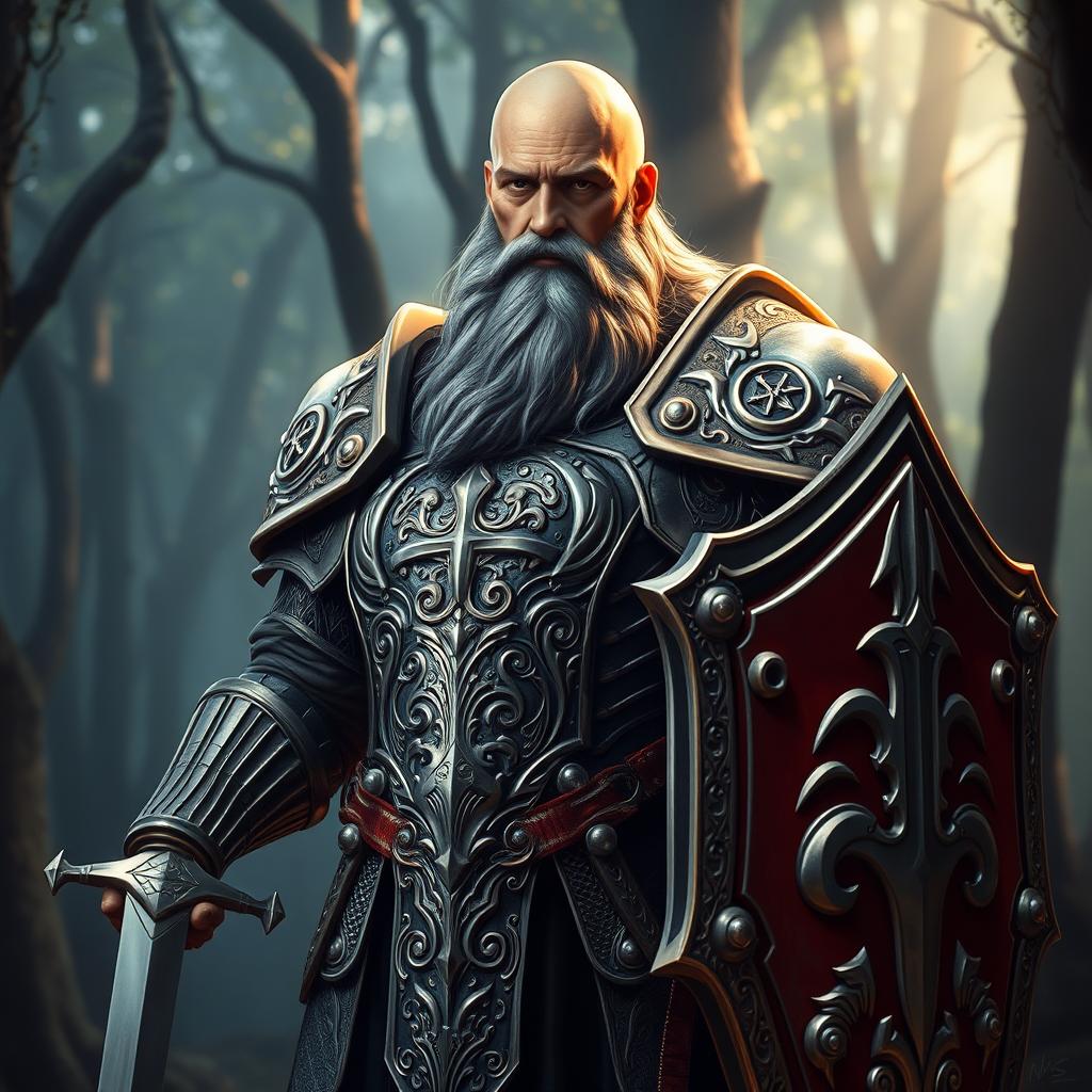 A majestic bald paladin with a long grey beard, wearing intricately detailed plate armor that shines with a holy radiance