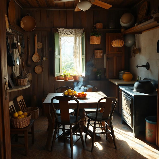 A cozy and authentic interior of a Brazilian kitchen from the 1940s, set in Paraty