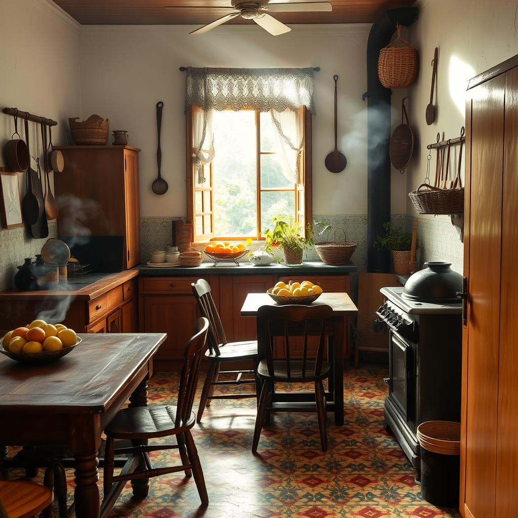 A cozy and authentic interior of a Brazilian kitchen from the 1940s, set in Paraty