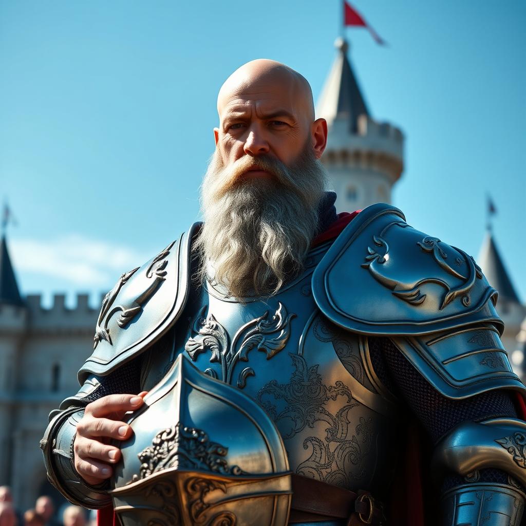 A seasoned bald paladin with a majestic grey beard stands confidently, holding a polished helmet in one hand